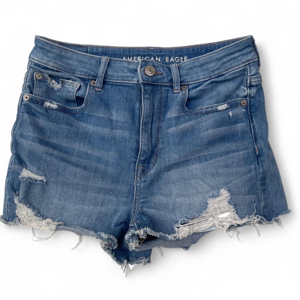 American Eagle Distressed High Waisted Denim Shorts Floral Pocket Lining Blue 4